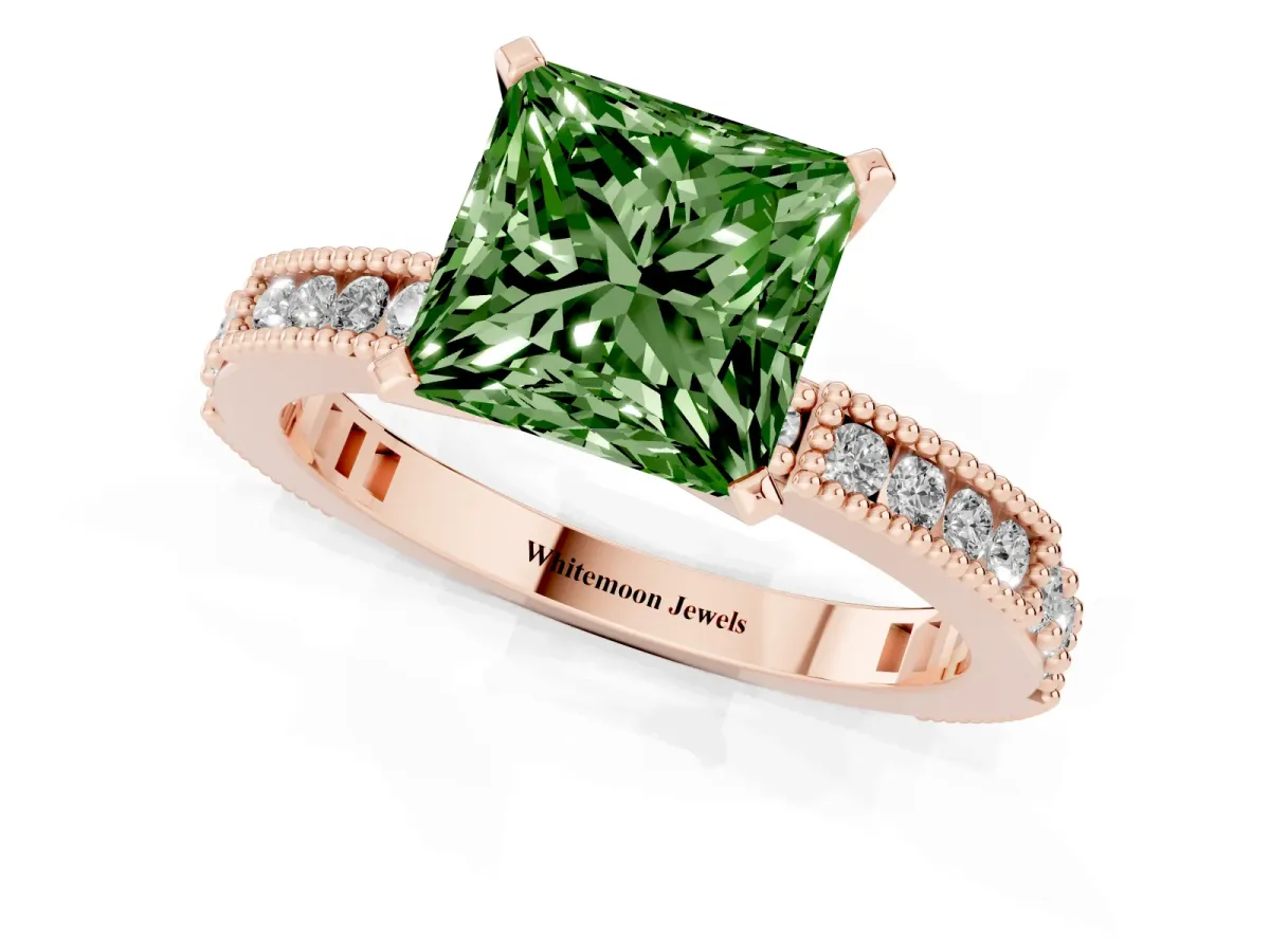 Fancy Green Princess Cut Solitaire with Pavé Band and Four-Prong Setting Rose gold