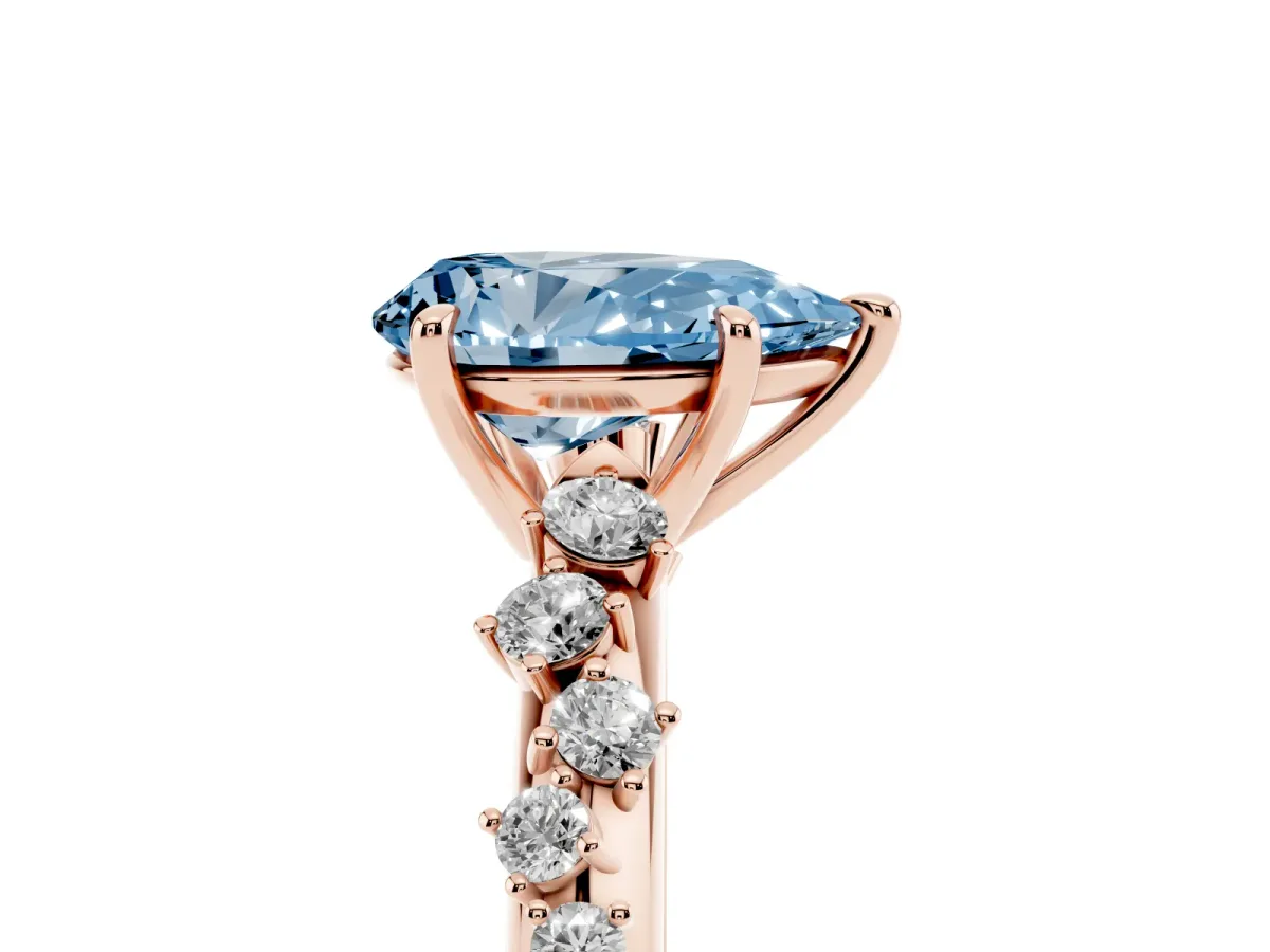 Fancy Blue Pear Cut Diamond Cluster Side Stone Solitaire Ring with Prong Setting Rose gold