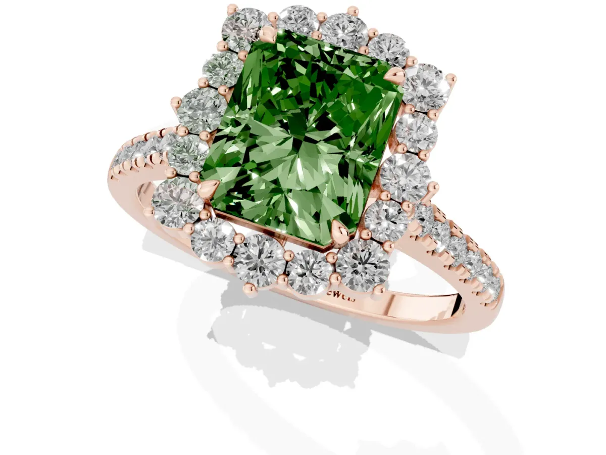 Fancy Green Radiant Cut Halo Diamond Ring with Pavé Band and Prong Setting Rose gold