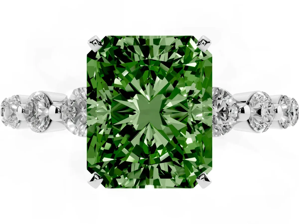 Fancy Green Radiant Cut Solitaire Diamond Ring with Pave Band and Four-Prong Setting Silver