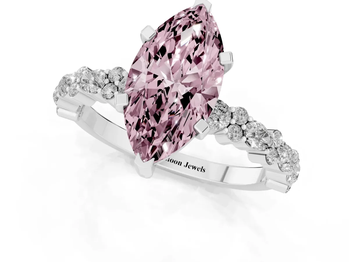 Fancy Pink Marquise Cut Diamond Side Stone Solitaire Ring with Round and Four-Prong Setting Platinum