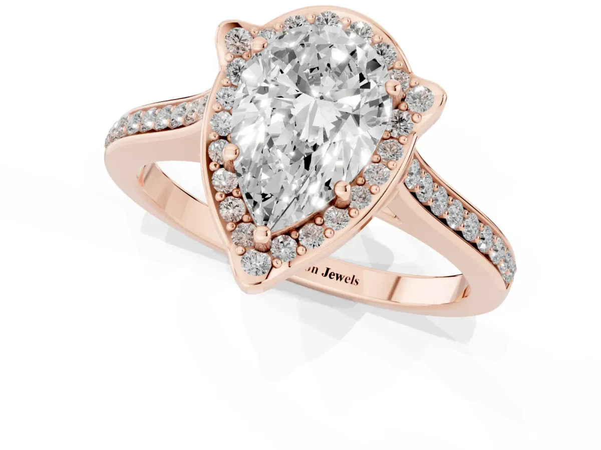 Pear Cut Halo Round Diamond Pave Band with Four-Prong Setting Rose gold