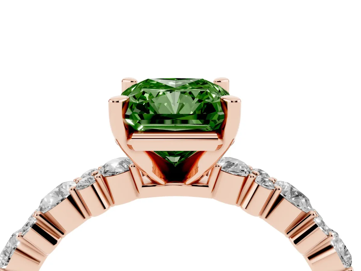 Fancy Green Radiant Cut Diamond Side Stone Solitaire Ring with Round and Four-Prong Setting Rose gold