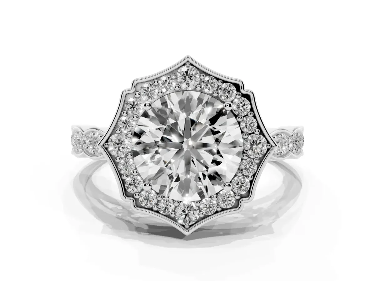 Round Cut Halo Diamond Engagement Ring with Milgrain Band and Four-Prong Setting Silver