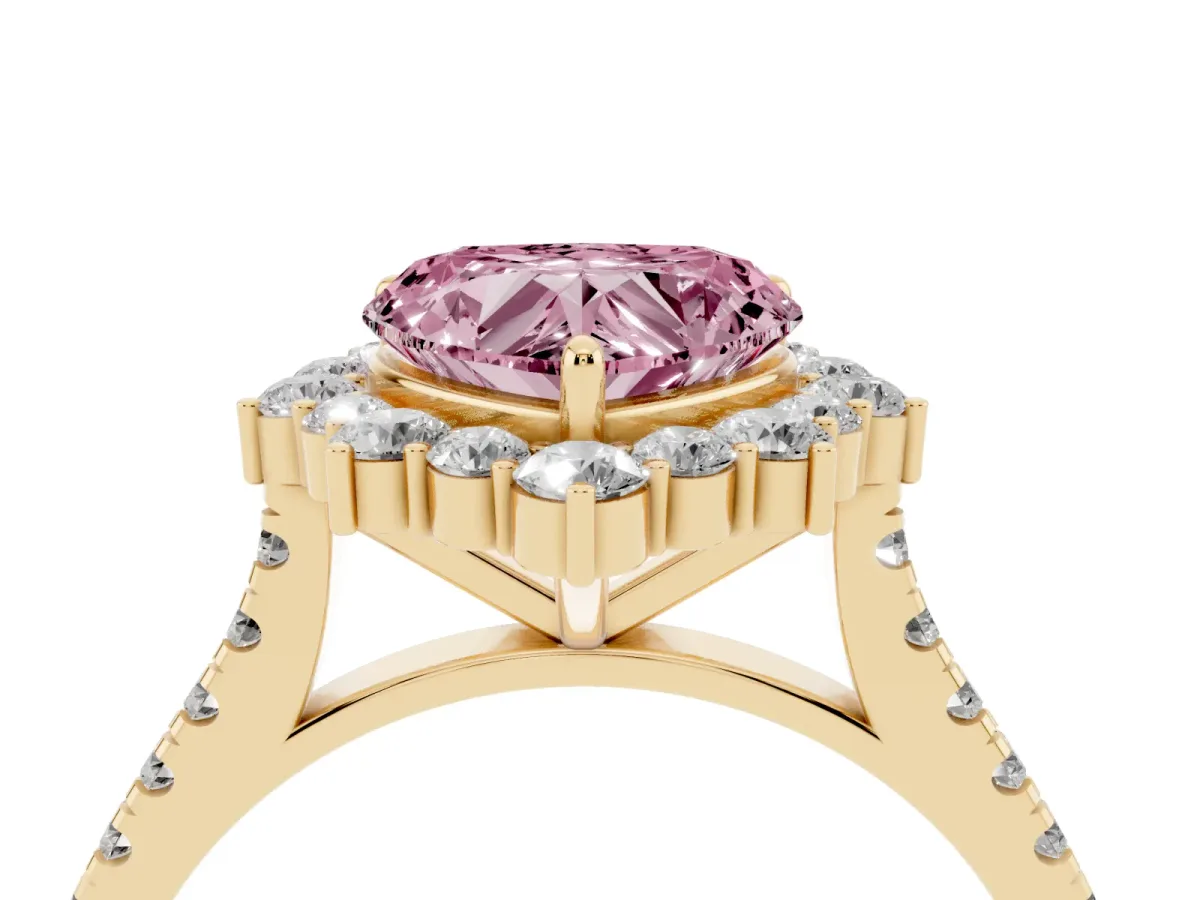 Fancy Pink Heart Cut Halo Diamond Ring with Pavé Band and Prong Setting Yellow gold