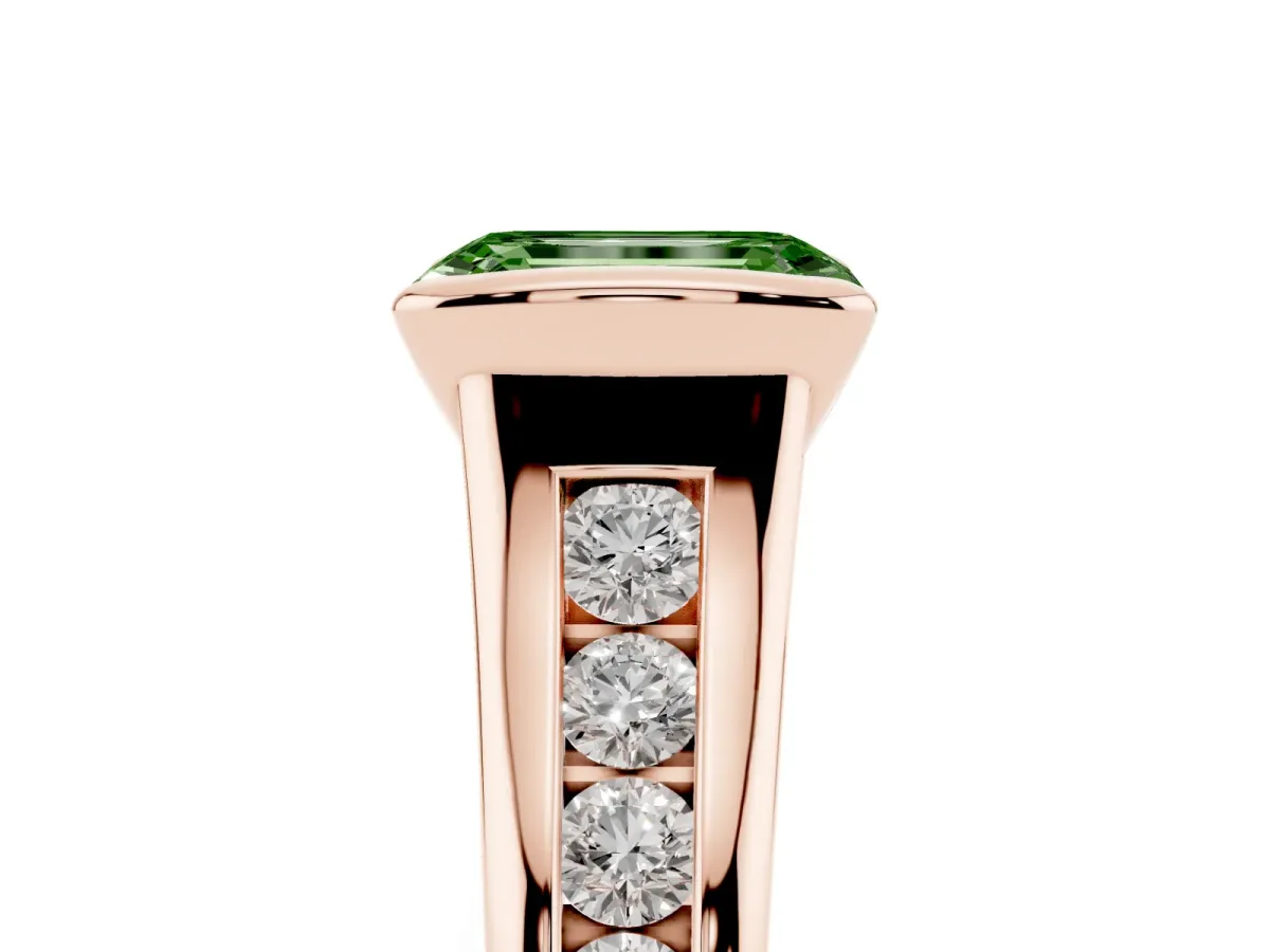 Fancy Green Emerald Cut Solitaire Bezel-Set Diamond Ring with Channel-Set Band Rose gold