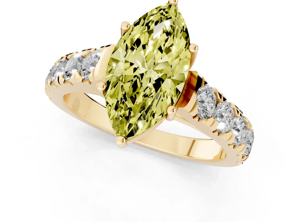 Fancy Yellow Marquise Cut Cut Diamond Solitaire Ring with Micro Pave Band and Prong Setting Yellow gold