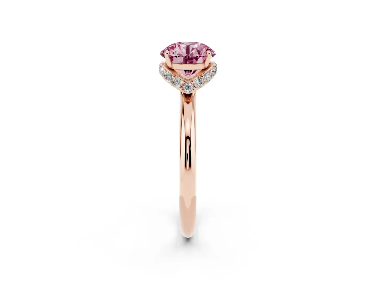 Fancy Pink Round Cut Brilliant Solitaire Engagement Ring with Six-Prong Setting and Classic Band Rose gold