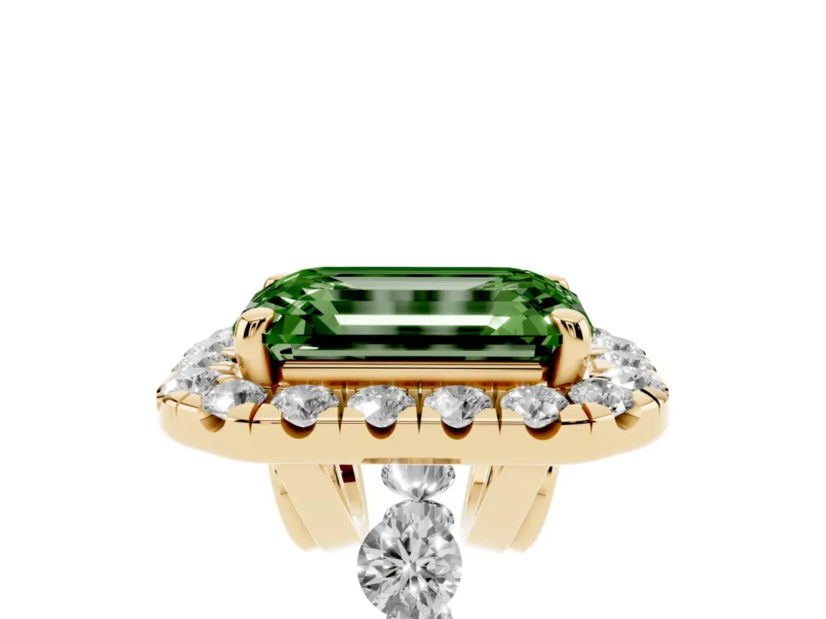 Fancy Green Emerald Cut Halo Pavé Diamond Engagement Ring with Four-Prong Setting Yellow gold