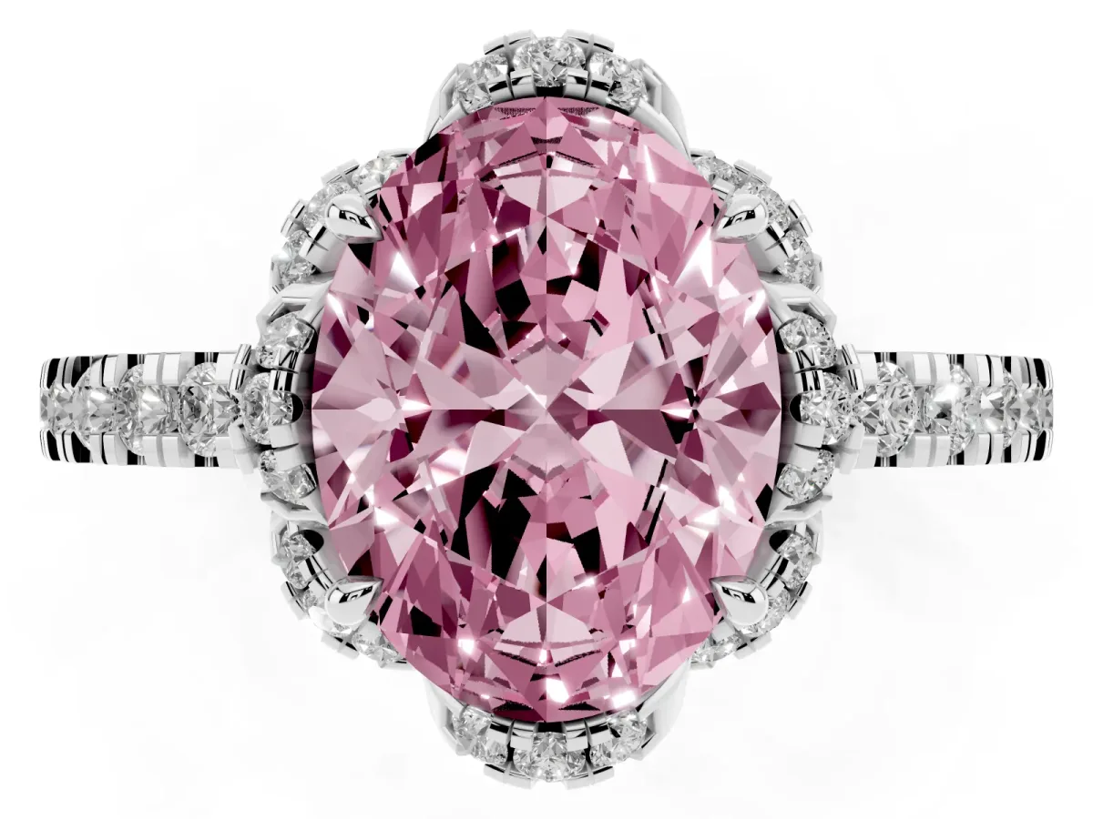 Fancy Pink Oval Cut Halo Diamond Pave Band Ring with Four-Prong Setting Silver