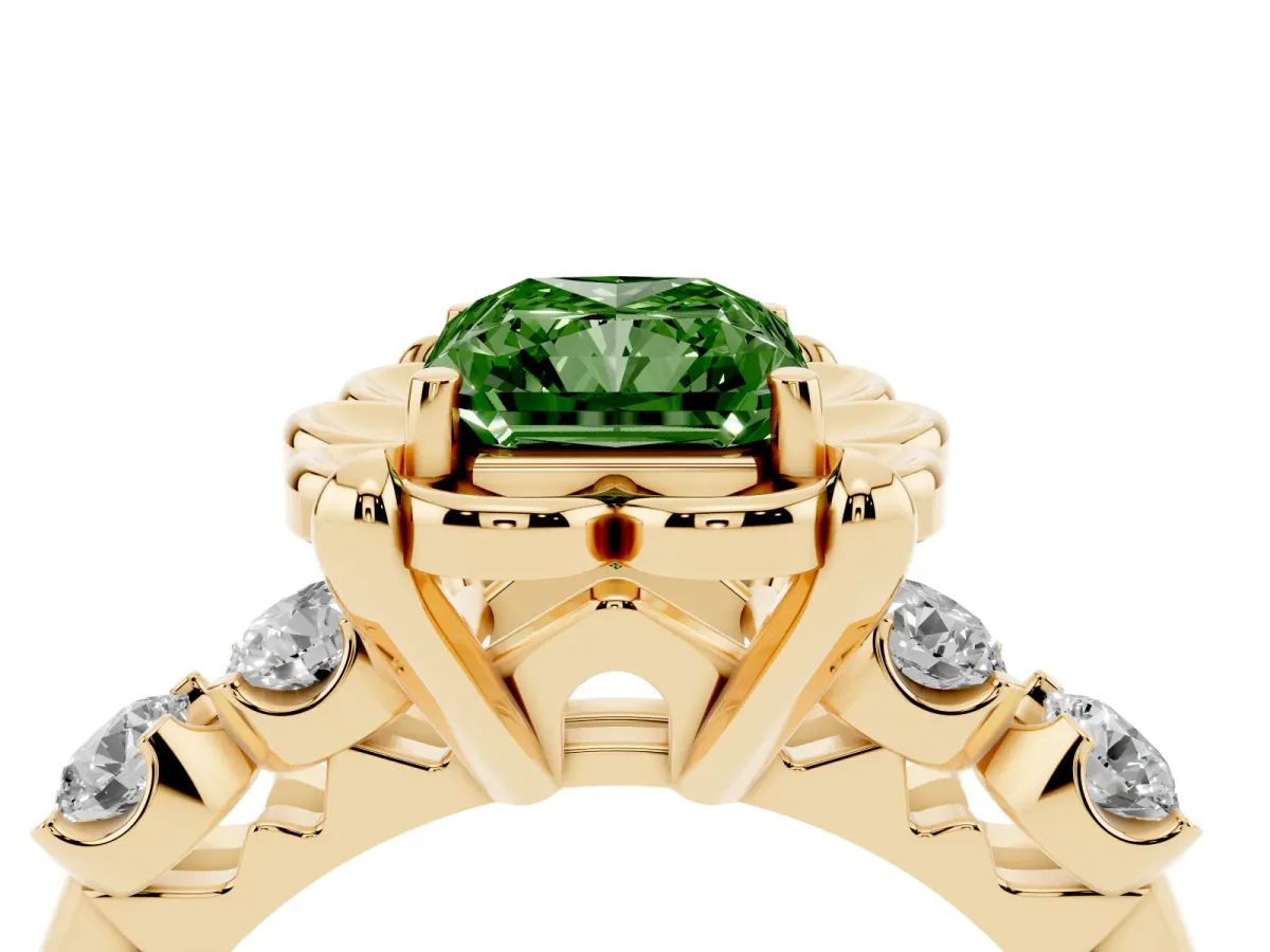 Fancy Green Radiant Cut Cut Diamond Floral Halo Engagement Ring with Shared Prong Setting Yellow gold