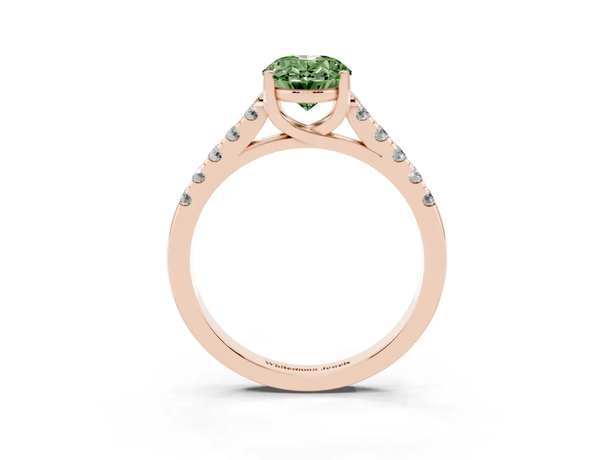Fancy Green Oval Cut Diamond Pavé Band Solitaire Ring with Prong Setting Rose gold