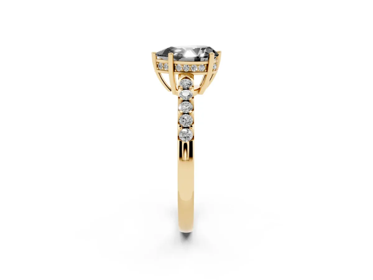 Fancy Black Pear Cut Solitaire Diamond Engagement Ring with Pavé Band and Six-Prong Setting Yellow gold