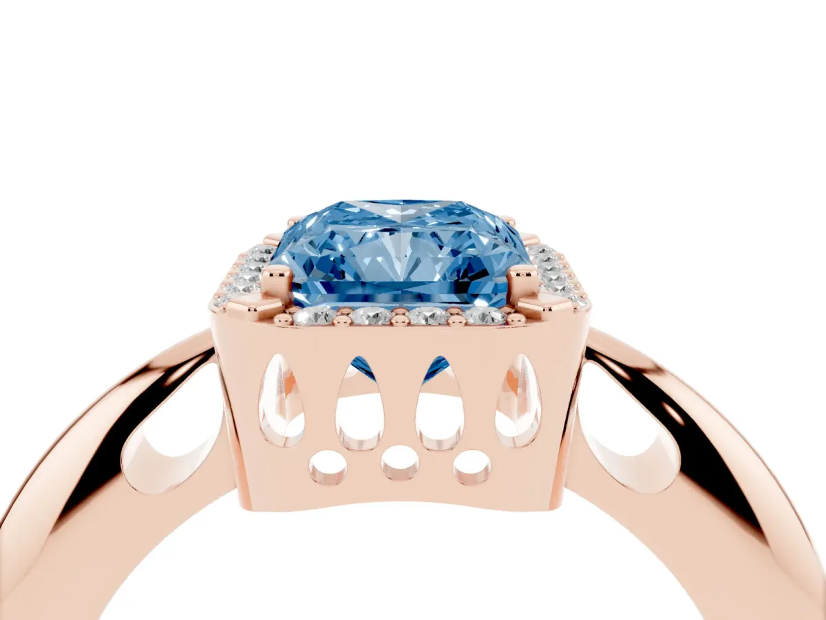 Fancy Blue Radiant Cut Cut Diamond Halo Engagement Ring with Split Shank and Four-Prong Setting Rose gold