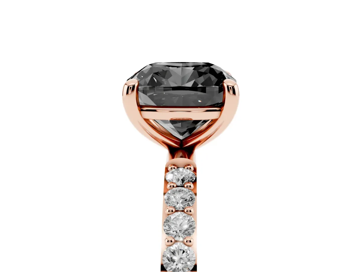 Fancy Black Cushion Cut Diamond Solitaire Ring with Round Pavé Band and Prong Setting Rose gold
