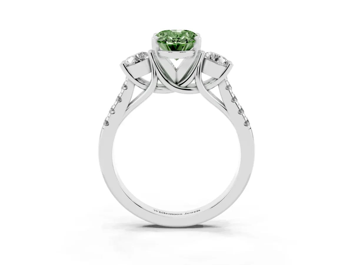 Fancy Green Three-Stone Oval Cut Diamond Pavé Band with Four-Prong Setting Platinum