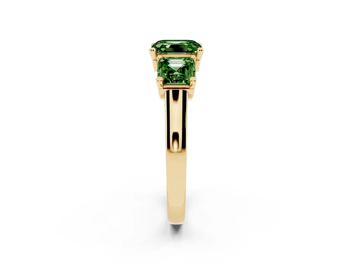 Fancy Green Three-Stone Asscher Cut Brilliant Diamond Trellis Ring with Comfort Fit Band Yellow gold