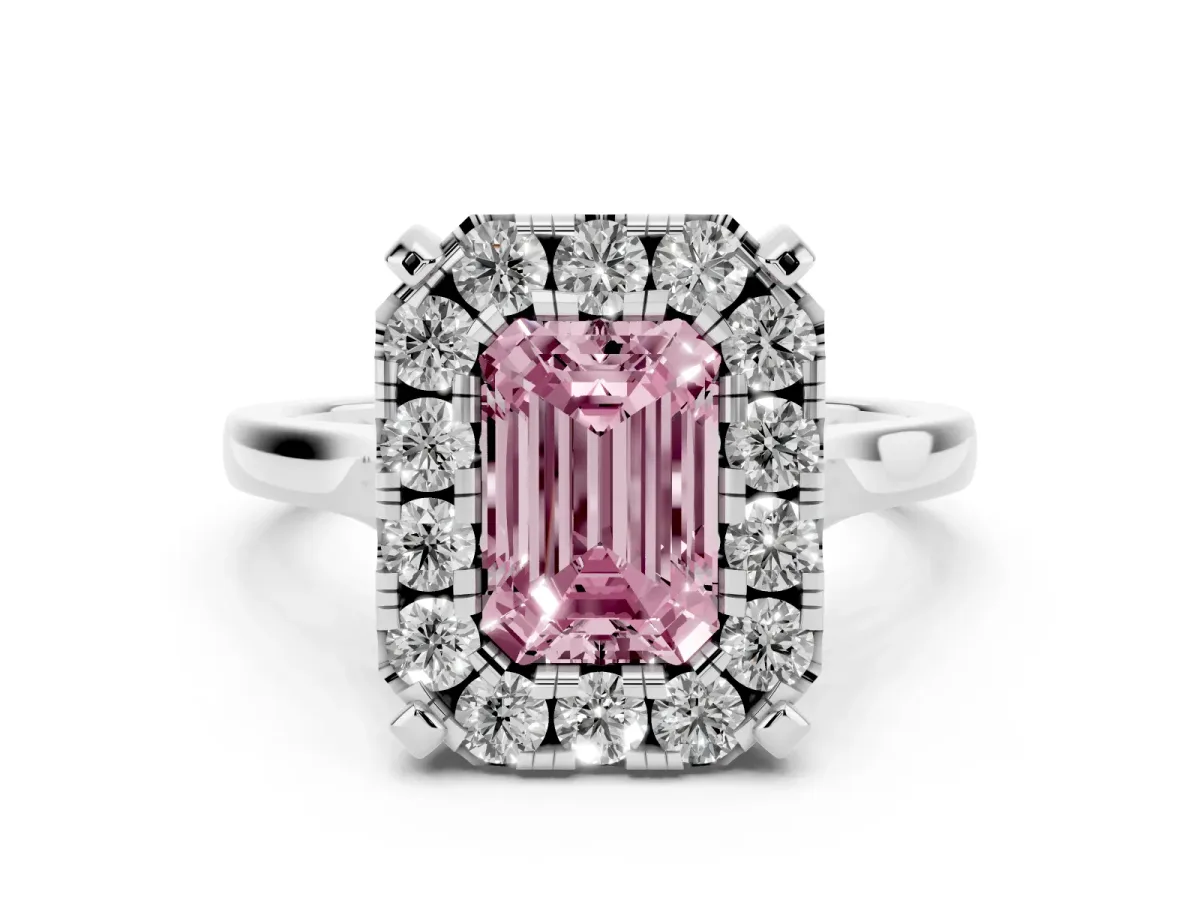 Fancy Pink Emerald Cut Diamond Cluster Halo Solitaire with Four-Prong Setting Silver