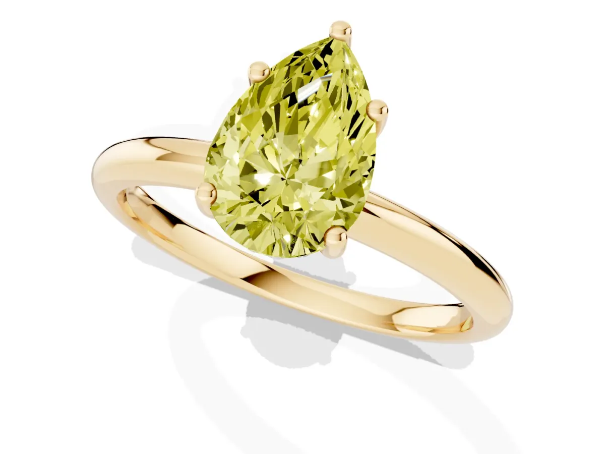 Fancy Yellow Pear Cut Cut Solitaire Engagement Ring with Four-Prong Setting and Classic Band Yellow gold