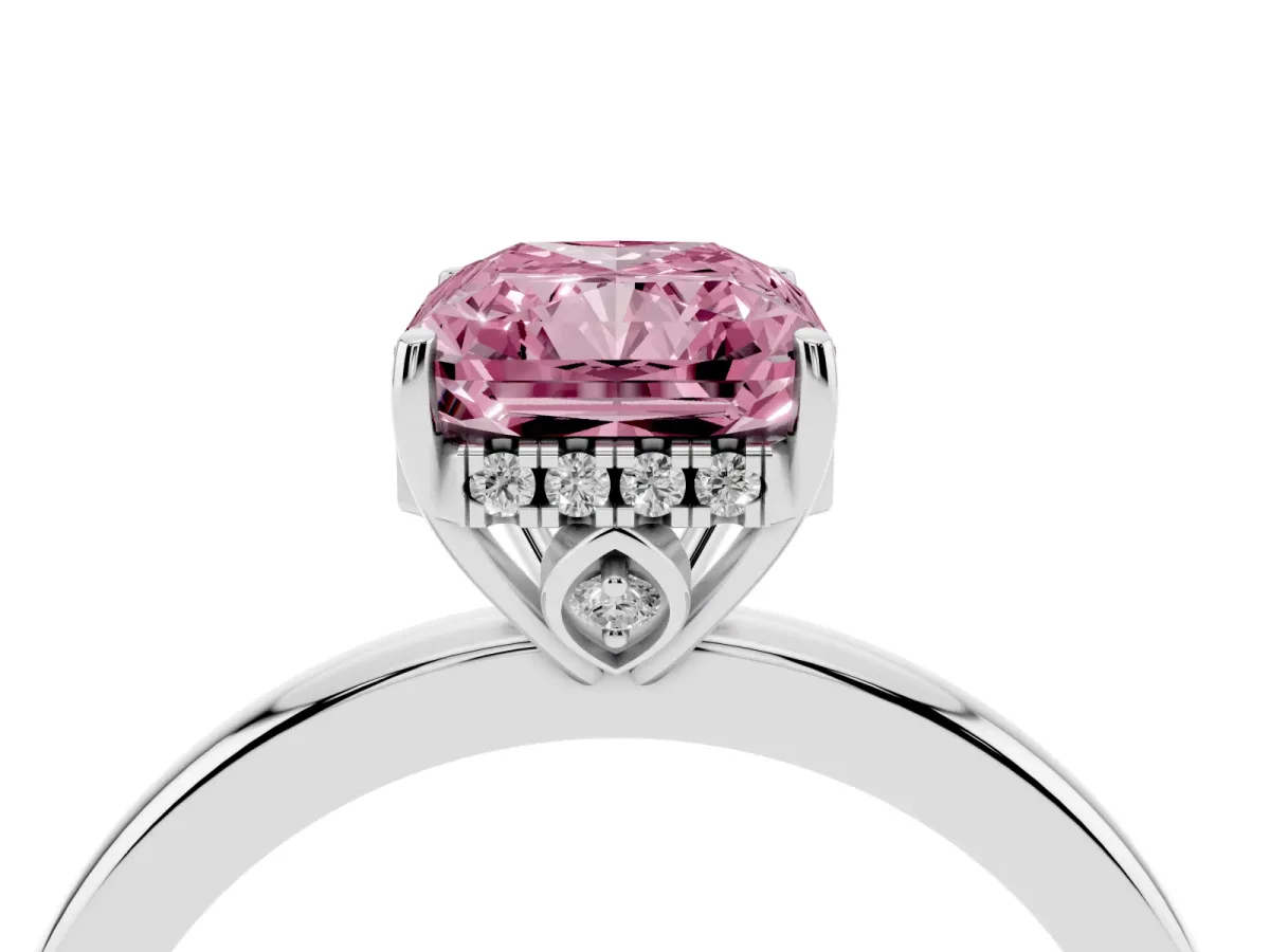 Fancy Pink Radiant Cut Solitaire Diamond Ring with Prong Setting and Plain Band Platinum