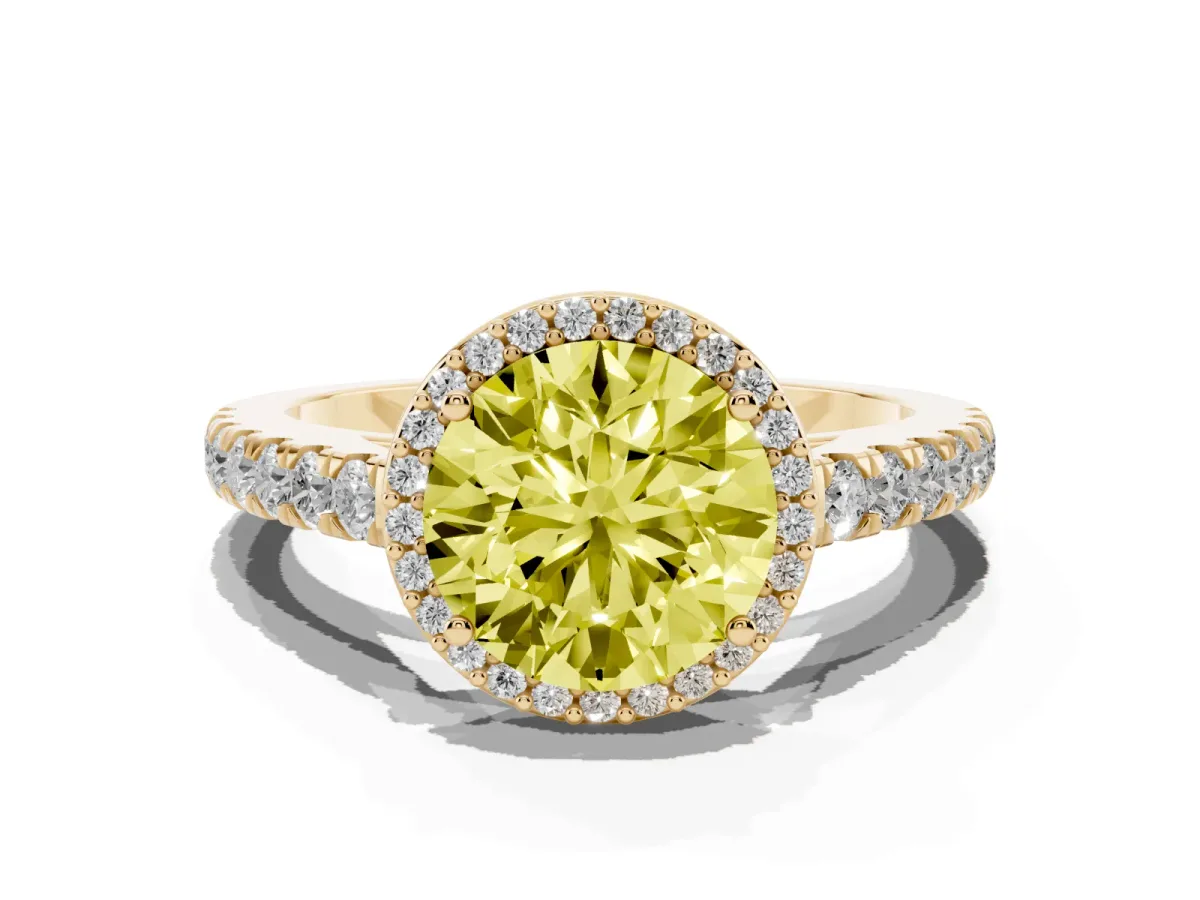 Fancy Yellow Round Cut Cut Halo Diamond Engagement Ring with Pave Band and Four-Prong Setting Yellow gold