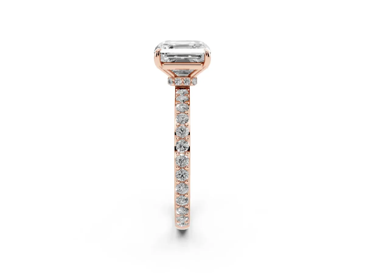Asscher Cut Diamond Pavé Engagement Ring with Round Accents and Prong Setting Rose gold