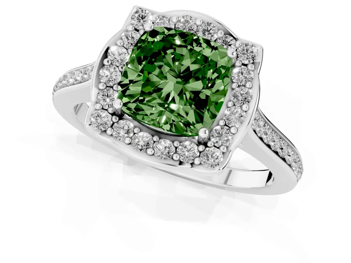 Fancy Green Cushion Cut Halo Round Diamond Pave Band with Four-Prong Setting Platinum