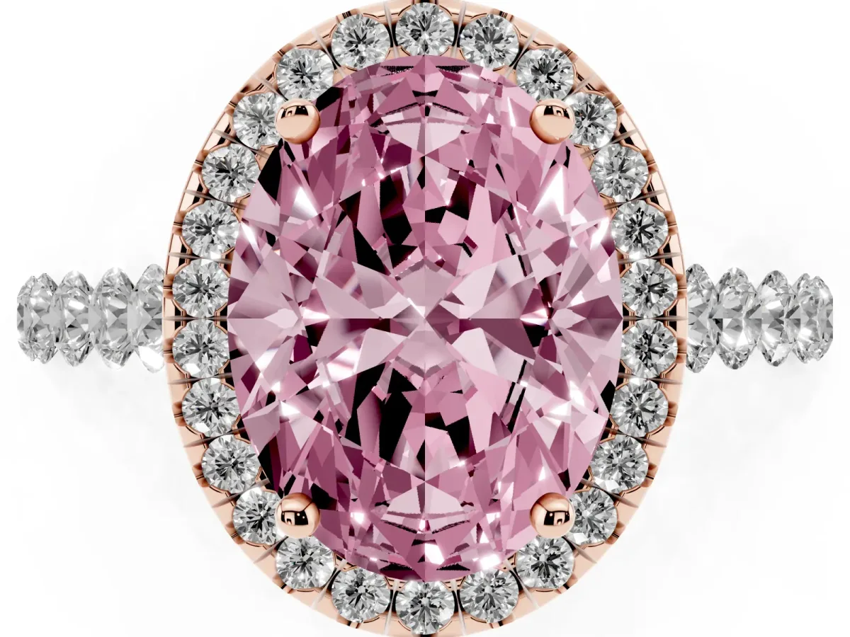 Fancy Pink Oval Cut Halo Pavé Diamond Engagement Ring with Four-Prong Setting Rose gold