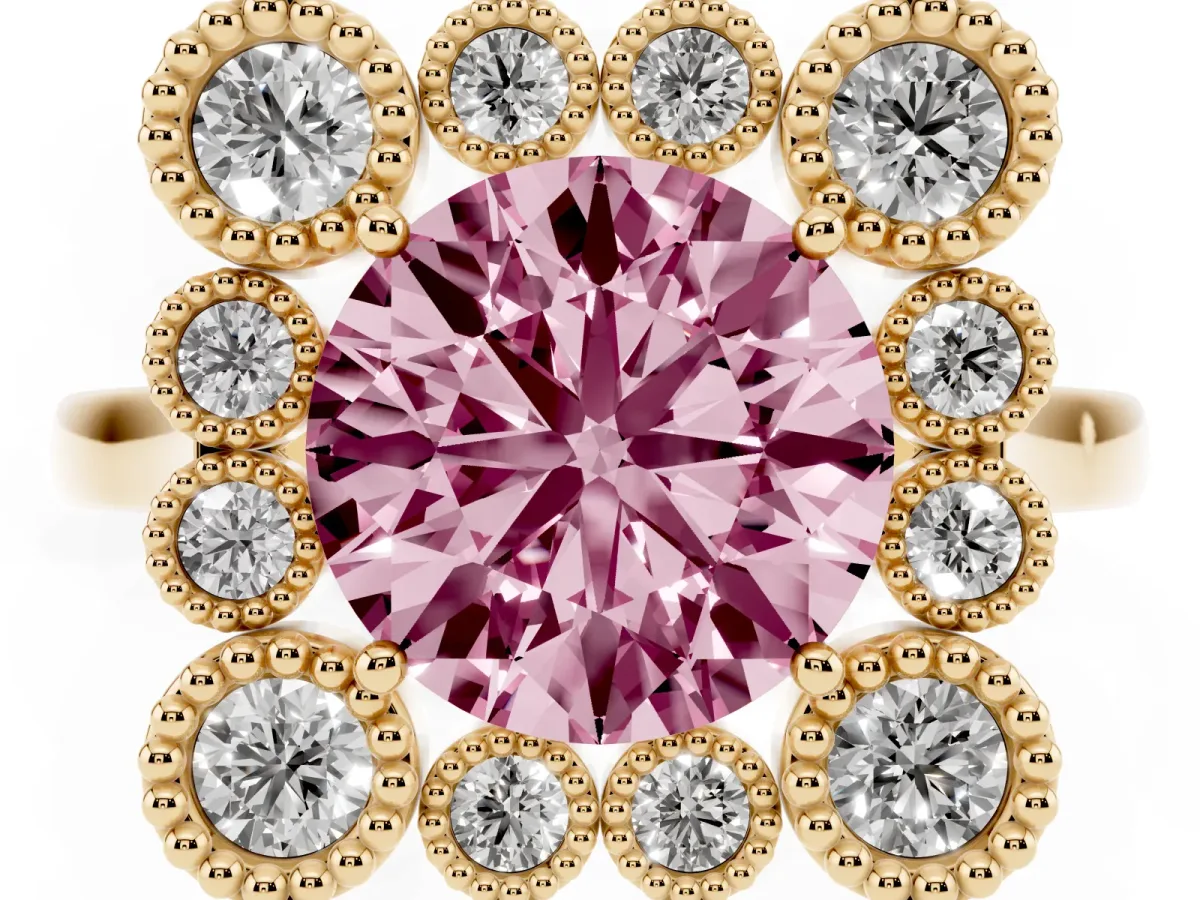 Fancy Pink Round Cut Halo Diamond Cluster Engagement Ring with Milgrain Bezel Setting and Solitaire Band Yellow gold