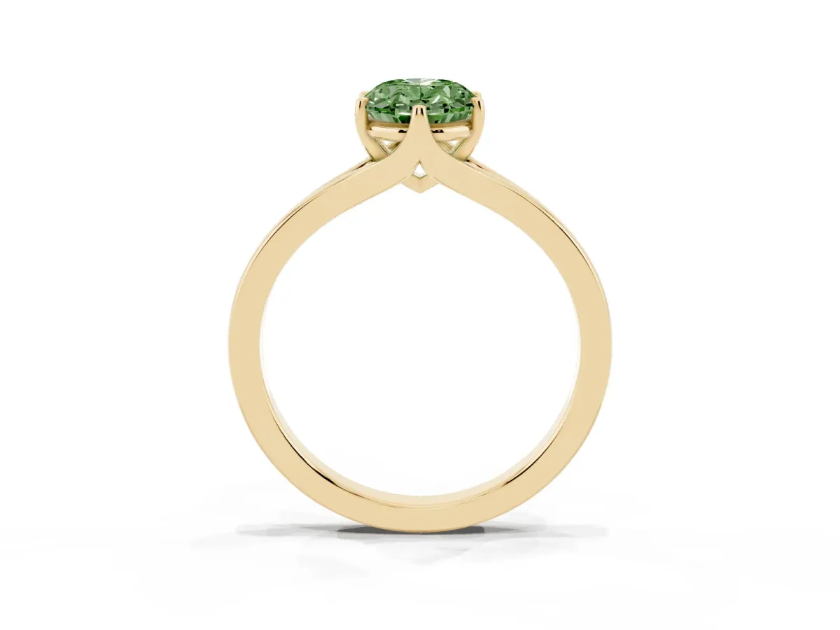 Fancy Green Oval Cut Solitaire Diamond Ring with Six-Prong Setting and Tapered Band Yellow gold