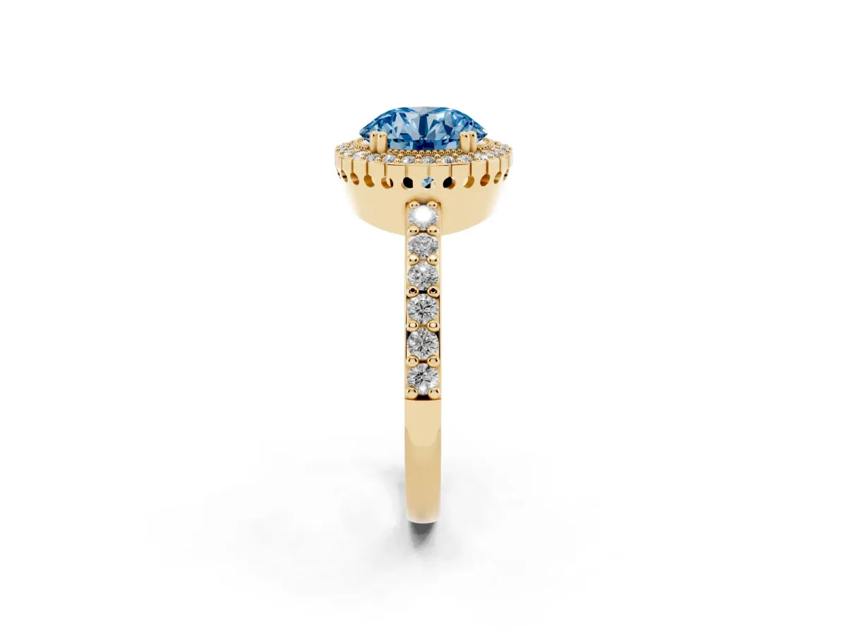 Fancy Blue Round Cut Cut Diamond Halo Engagement Ring with Milgrain Detail and Pavé Band Yellow gold