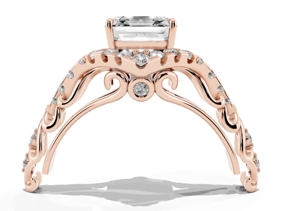 Asscher Cut Diamond Solitaire Ring with Hidden Halo and Pavé Band Rose gold