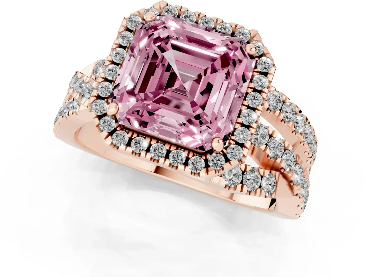 Fancy Pink Asscher Cut Diamond Halo Ring with Round Split Shank and Prong Setting Rose gold