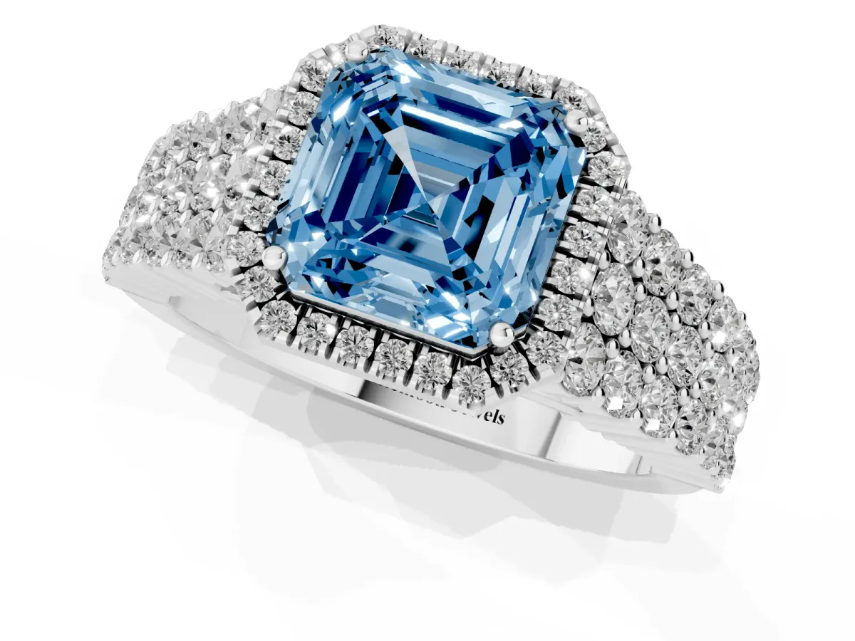 Fancy Blue Asscher Cut Diamond Halo Engagement Ring with Triple Row Round Pavé Band and Prong Setting Platinum