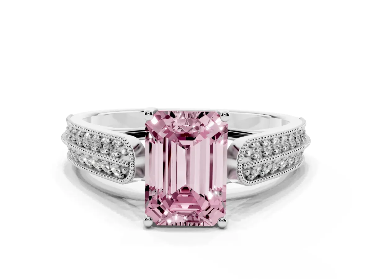 Fancy Pink Emerald Cut Cut Pave Split Shank Engagement Ring with Four-Prong Setting White gold