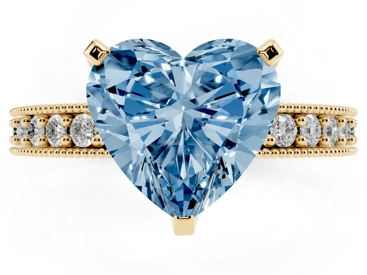 Fancy Blue Heart Cut Diamond Milgrain Pavé Engagement Ring with Four-Prong Setting Yellow gold