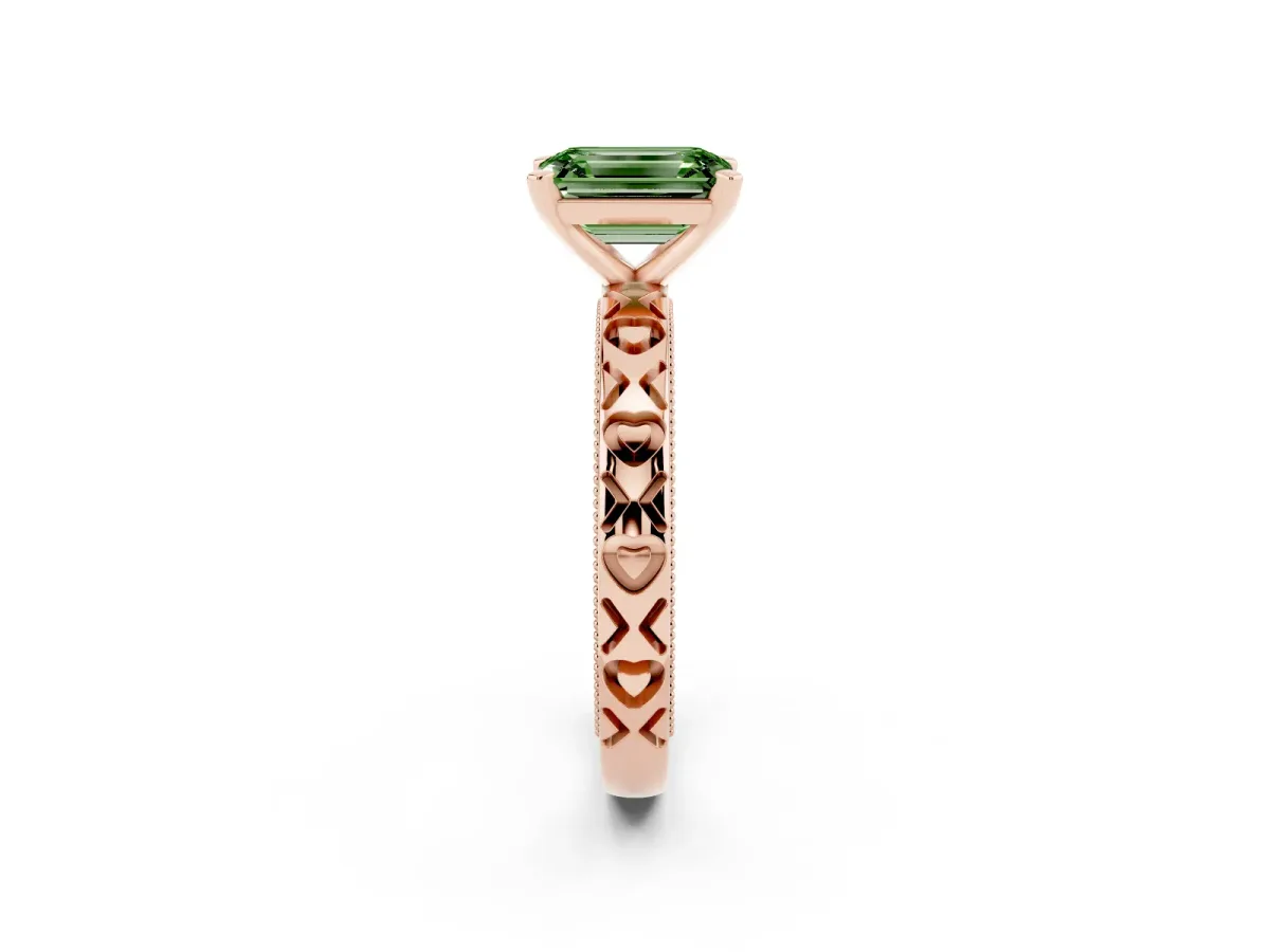 Fancy Green Emerald Cut Solitaire Diamond Engagement Ring with XO Engraved Band and Four-Prong Setting Rose gold