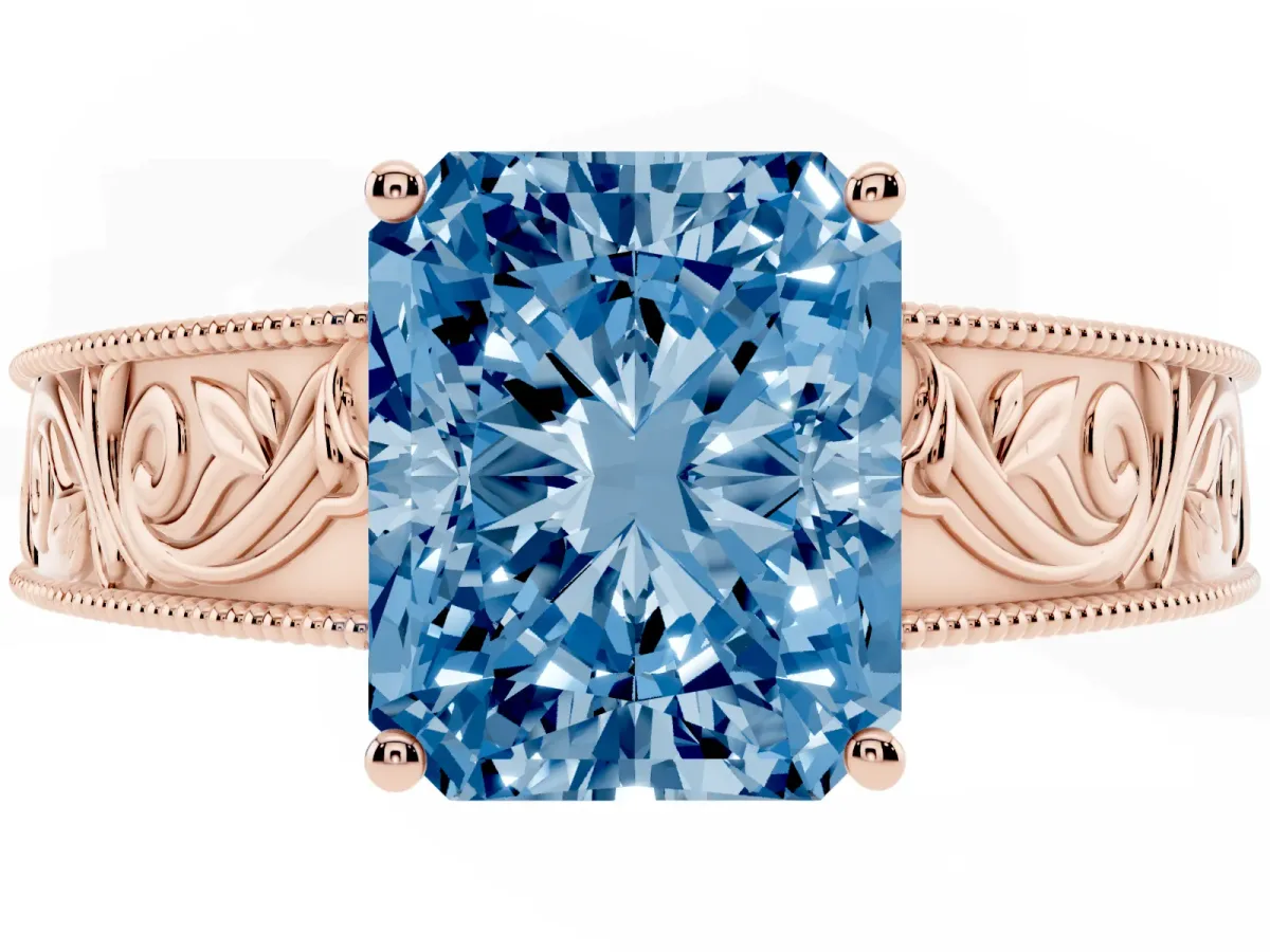 Fancy Blue Radiant Cut Diamond Solitaire Ring with Engraved Band and Four-Prong Setting Rose gold