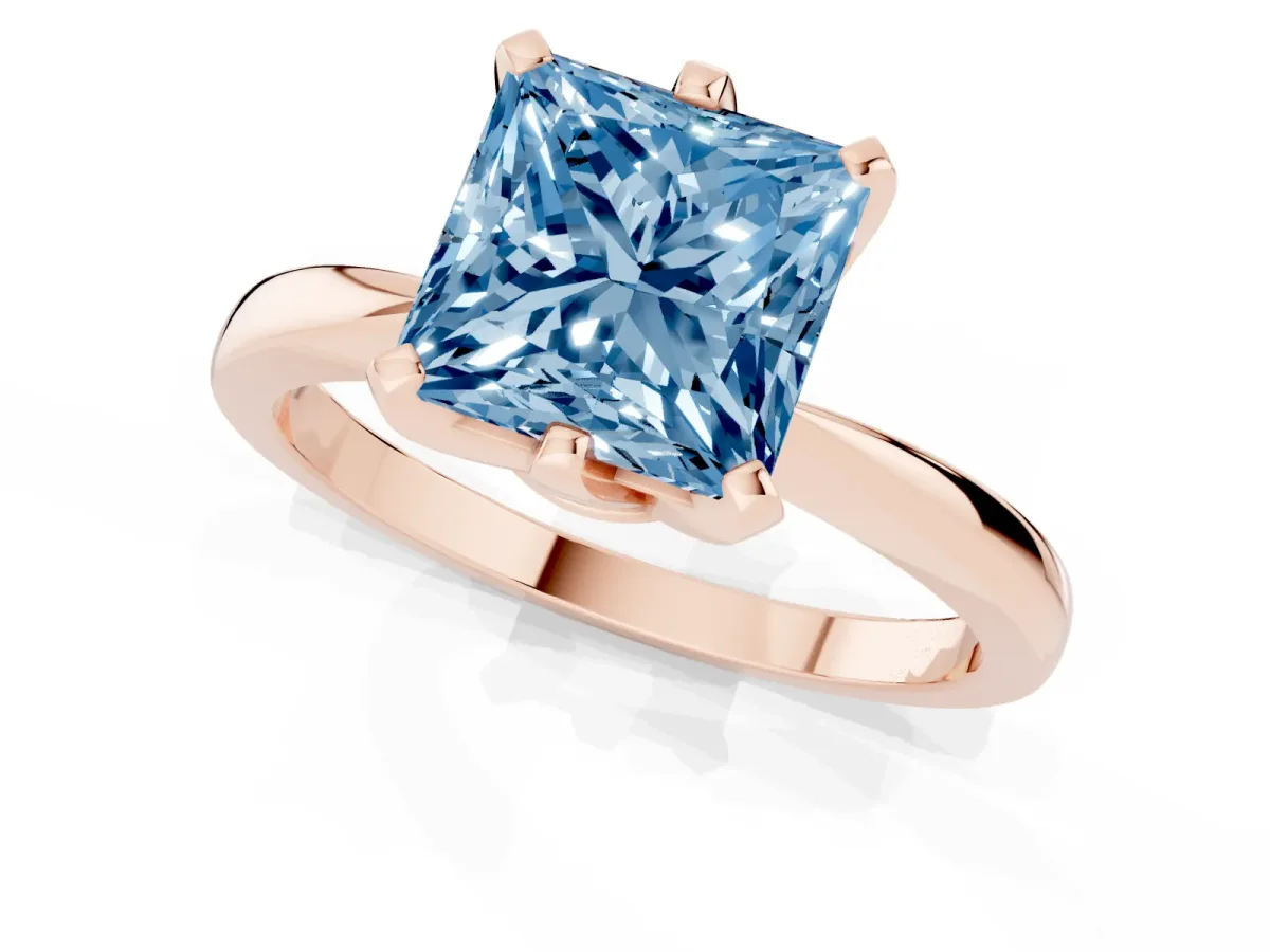 Fancy Blue Princess Cut Solitaire Engagement Ring with Six-Prong Setting and Tapered Band Rose gold