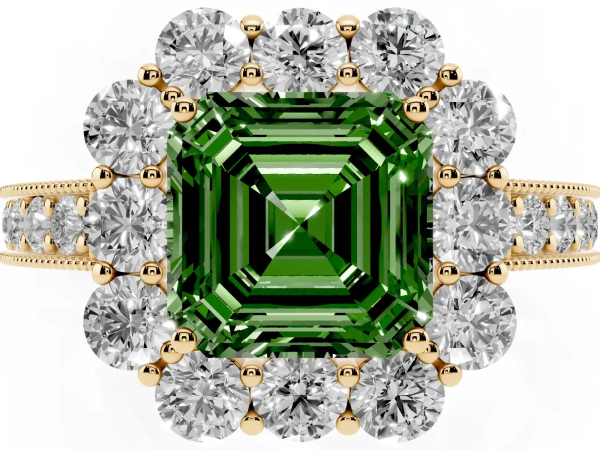 Fancy Green Asscher Cut Cut Halo Diamond Pavé Engagement Ring with Milgrain Detailing Yellow gold