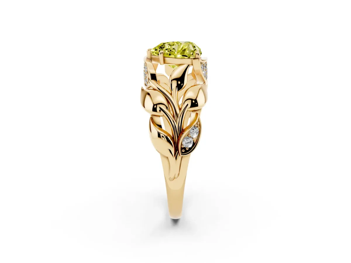 Fancy Yellow Heart Cut Diamond Leaf-Inspired Engagement Ring with Round Accents and Prong Setting Yellow gold