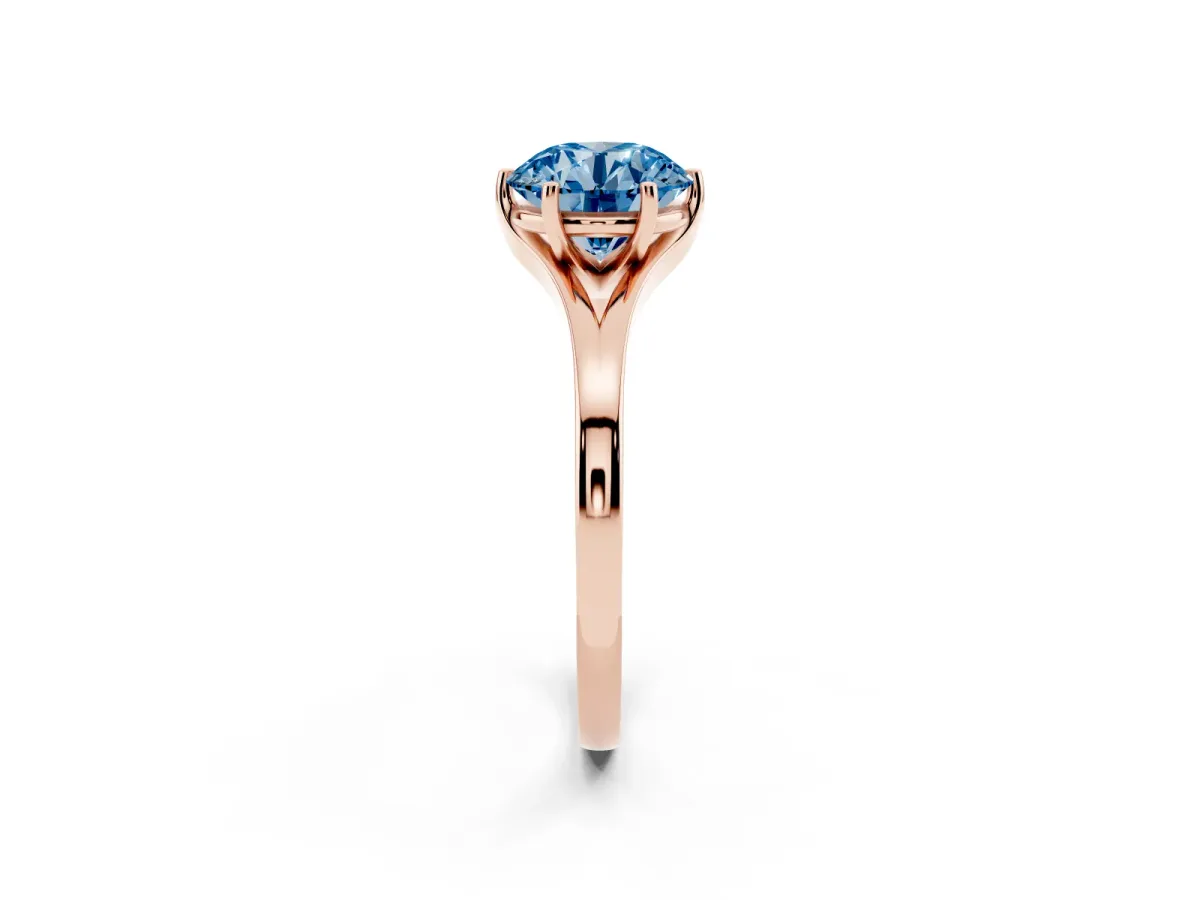 Fancy Blue Round Cut Solitaire Diamond Ring with Six-Prong Setting and Tapered Band Rose gold