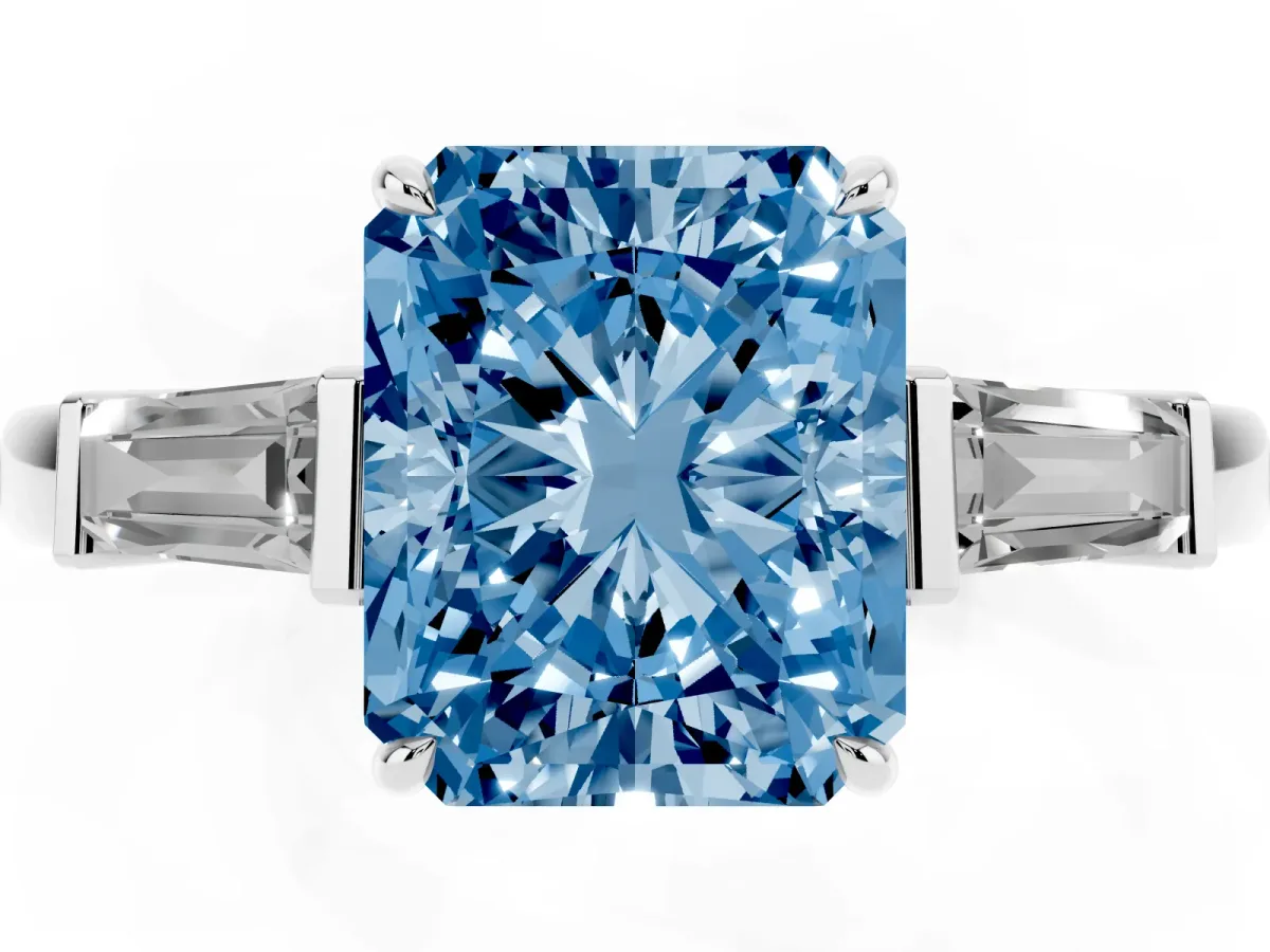 Fancy Blue Radiant Cut Diamond Three-Stone Ring with Tapered Baguette Side Stones and Prong Setting White gold