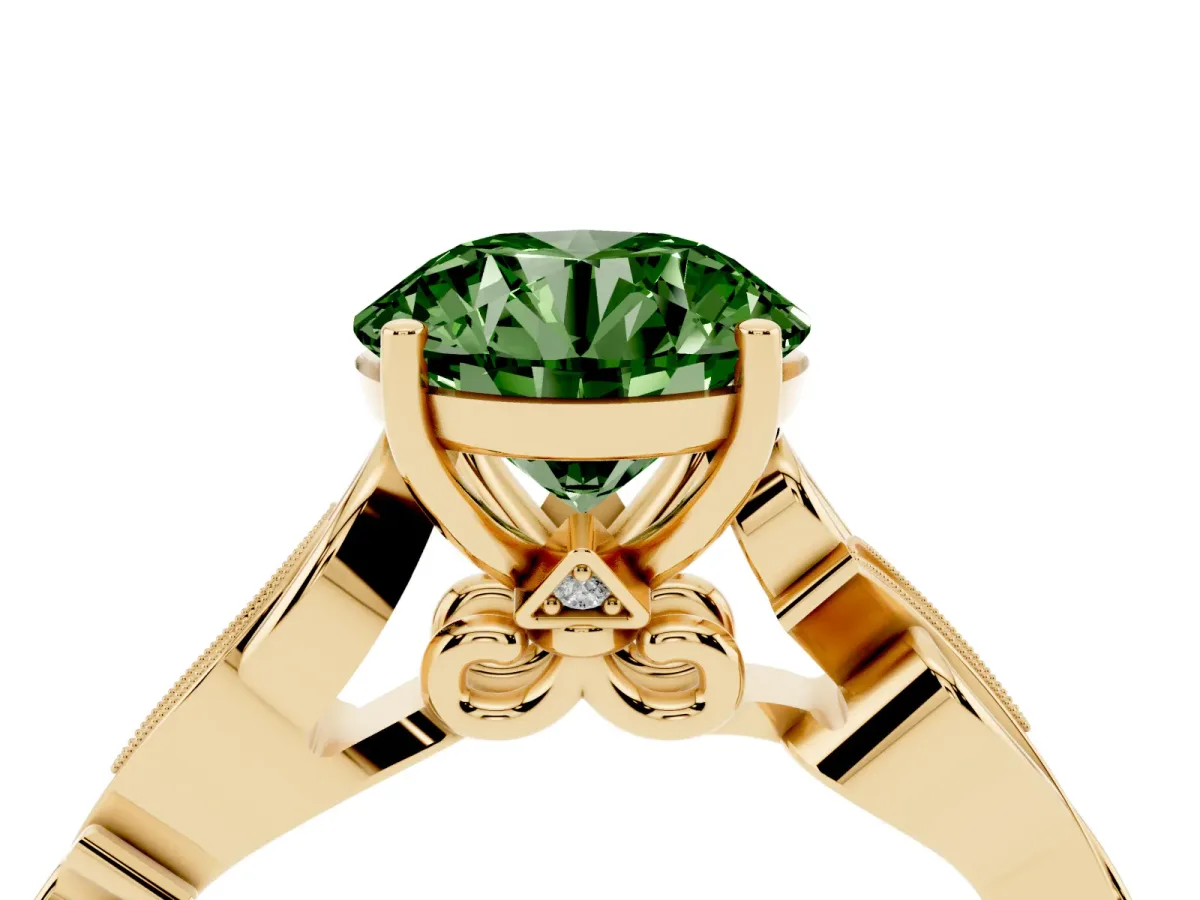 Fancy Green Round Cut Solitaire Vine Band with Milgrain Prong Setting Yellow gold