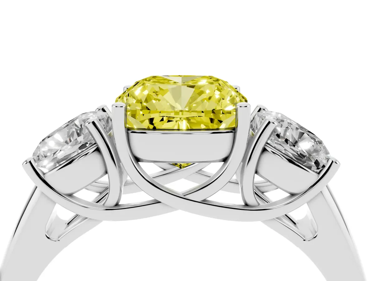 Fancy Yellow Three-Stone Cushion Cut Diamond Engagement Ring with Prong Setting Silver