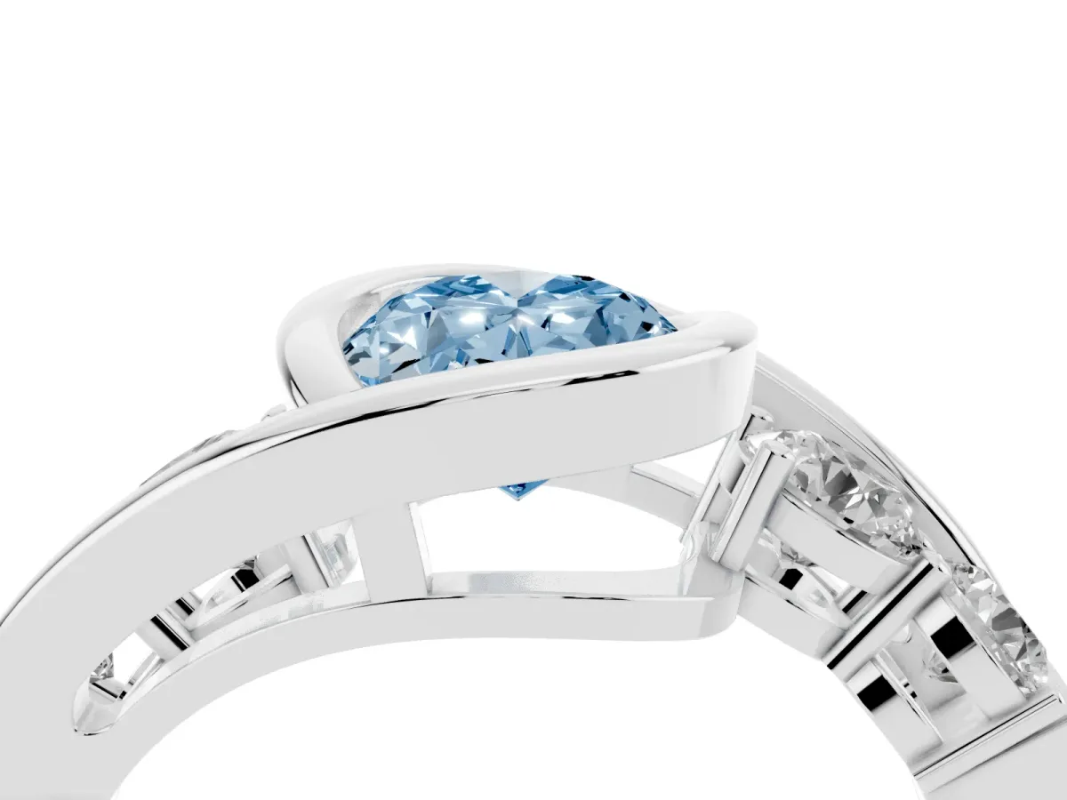 Fancy Blue Bezel Set Oval Cut Diamond Bypass Ring with Round Accents Platinum