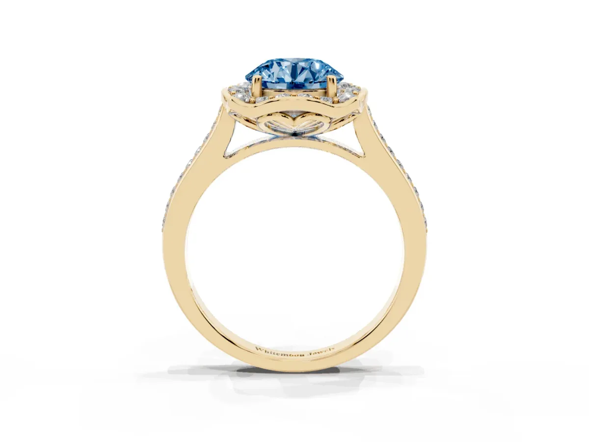 Fancy Blue Round Cut Halo Round Diamond Pave Band with Four-Prong Setting Yellow gold
