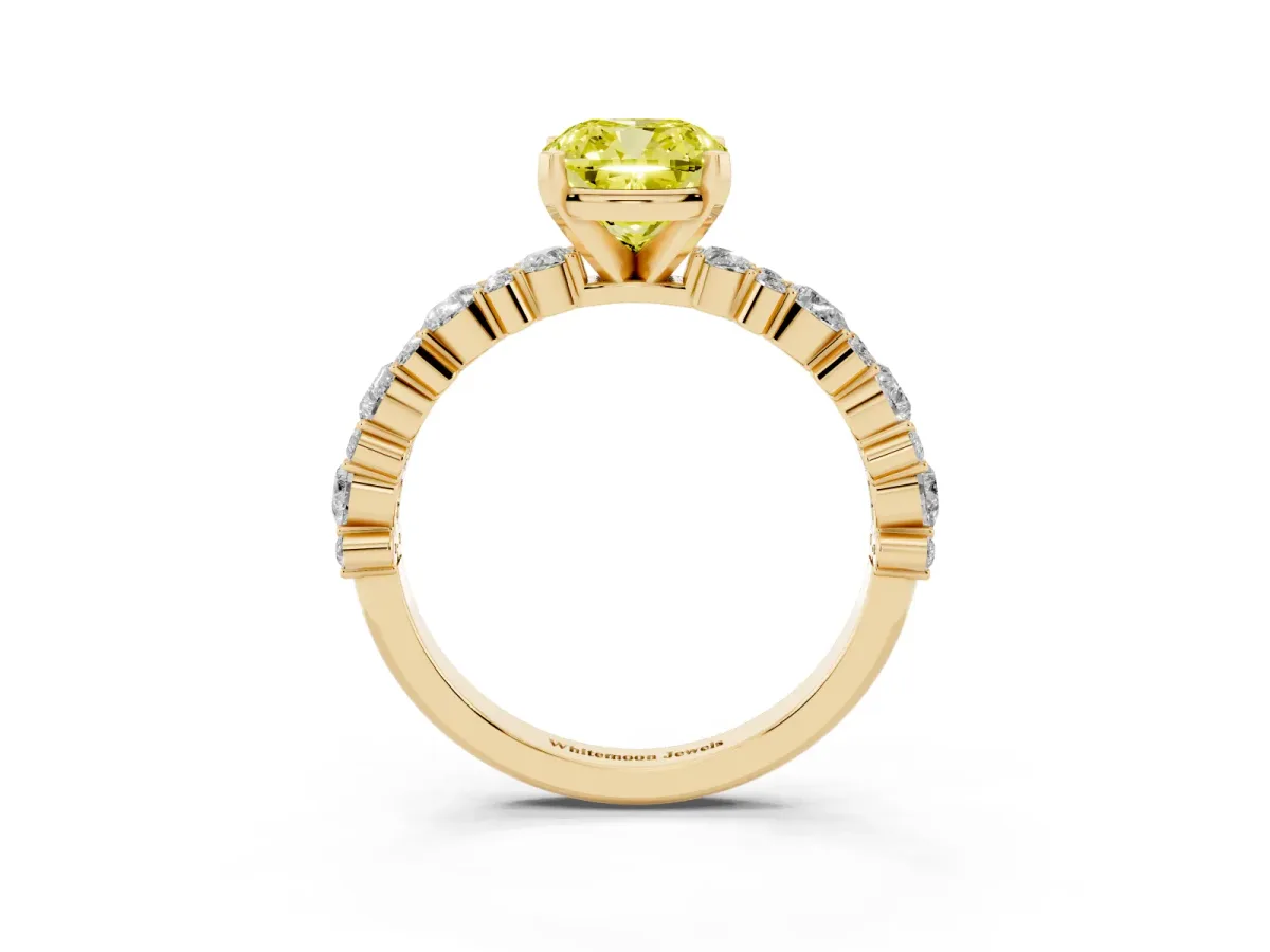 Fancy Yellow Cushion Cut Diamond Side Stone Solitaire Ring with Round and Four-Prong Setting Yellow gold