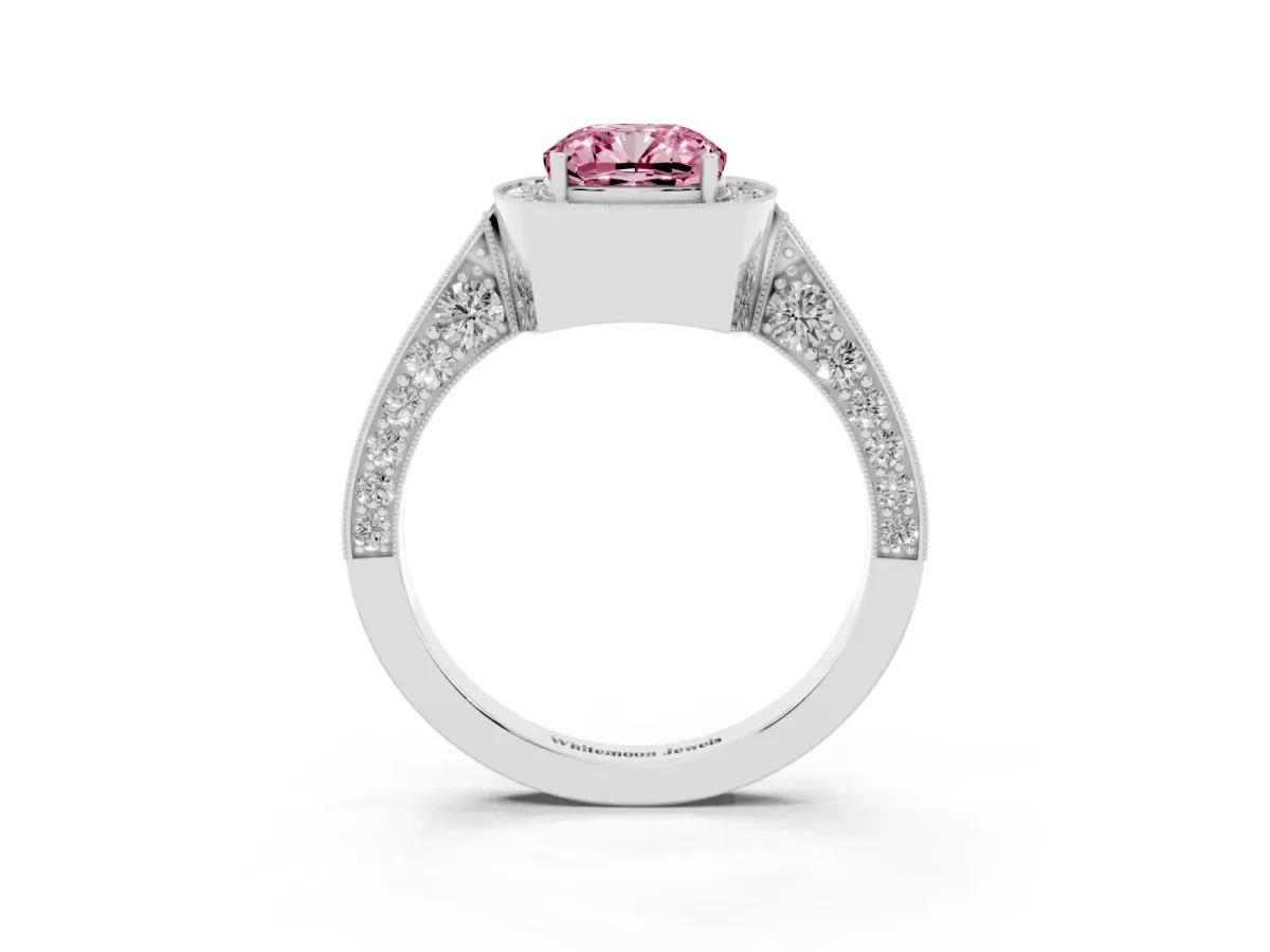 Fancy Pink Cushion Cut Halo Diamond Engagement Ring with Split Shank Band and Four-Prong Setting Silver