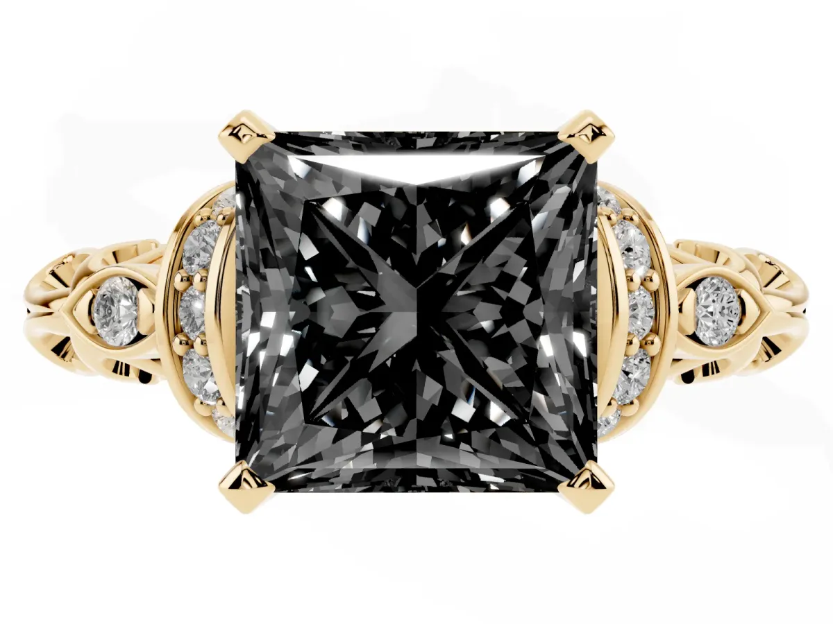 Fancy Black Princess Cut Diamond Solitaire Ring with Filigree Band and Four-Prong Setting Yellow gold
